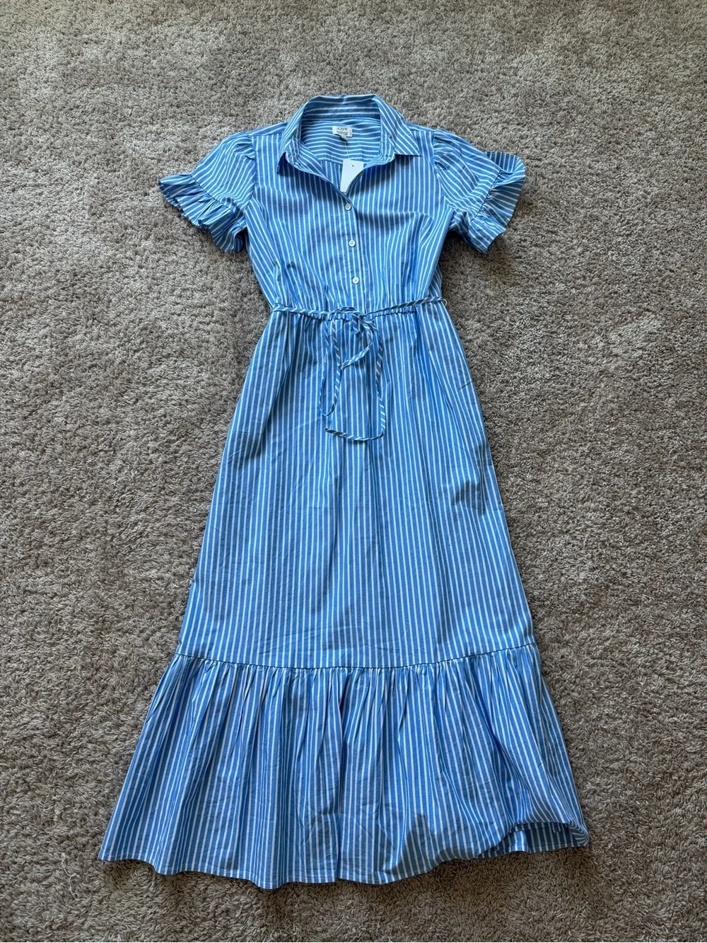 NWT J. Crew Ruffle Sleeve Blue and White Striped Shirt Maxi Dress - Size 6